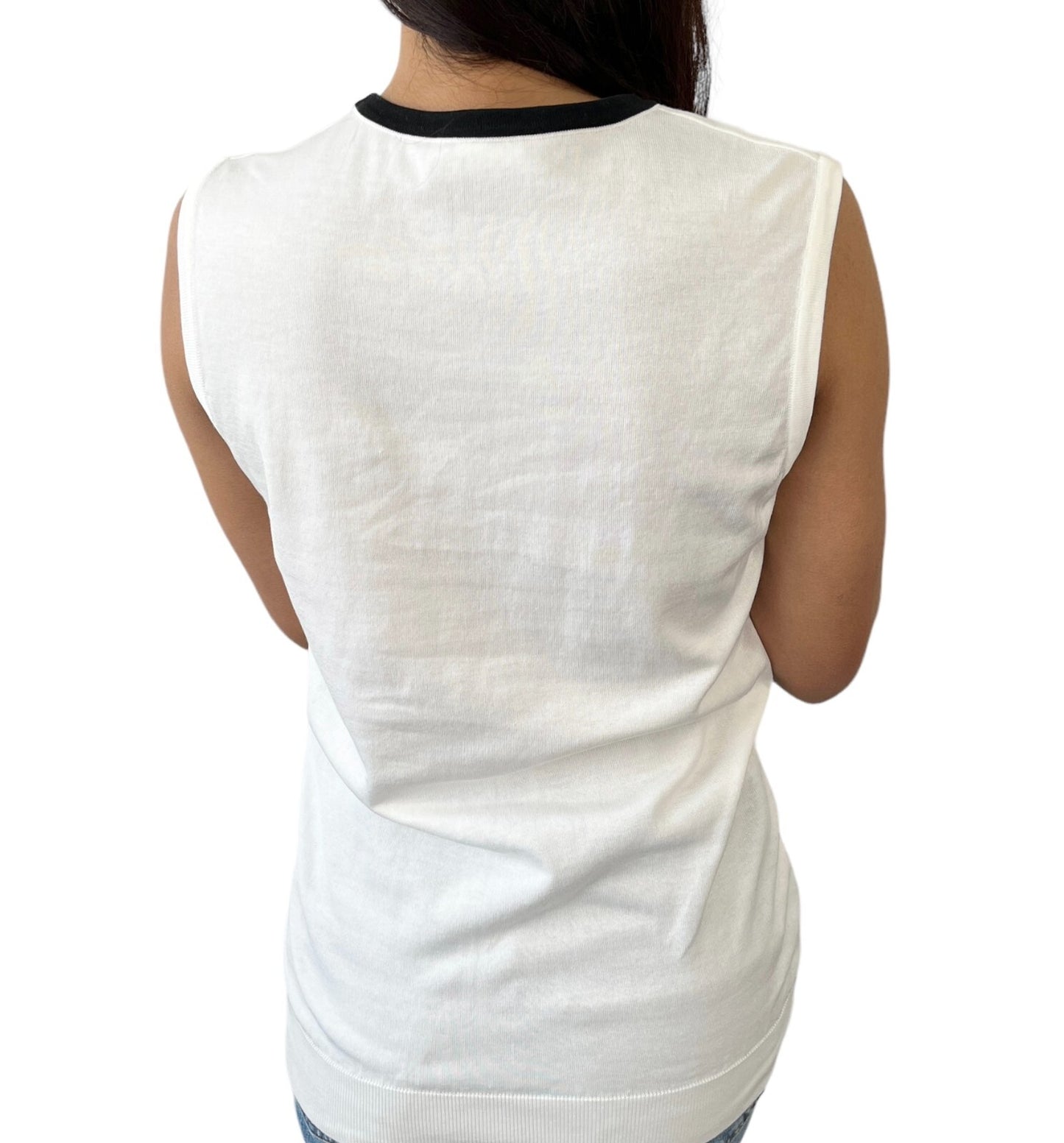 CHANEL 96P CC Logo Summer Knit Tank Top #38 Pullover Cotton White Black RankAB