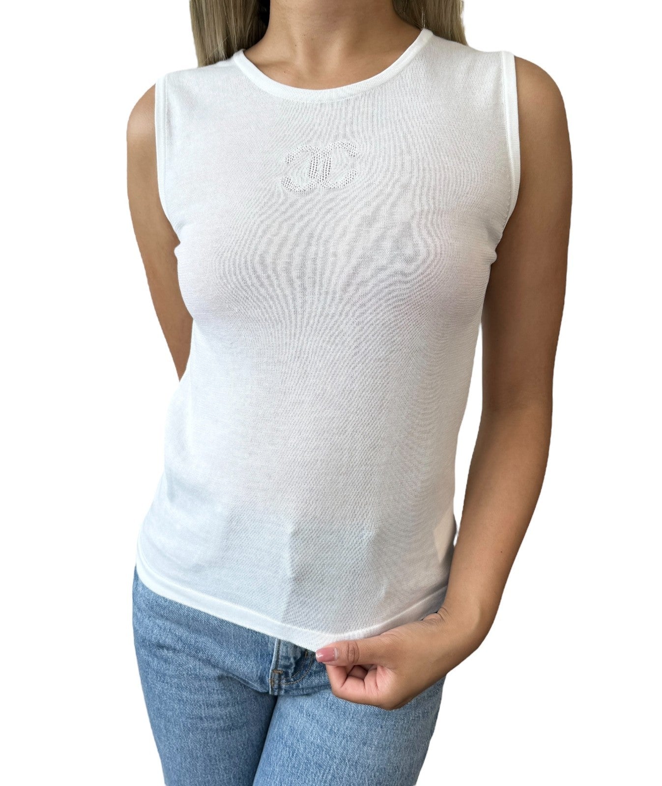 CHANEL Vintage 06P CC Logo Knit Tank Top #38 Pullover White Cotton