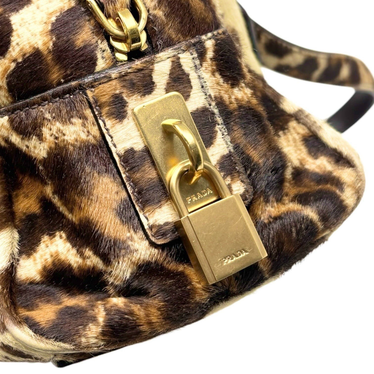 PRADA Vintage Leopard Pony Calf Hair Shoulder Top Handle Bag Cream Brown 902393