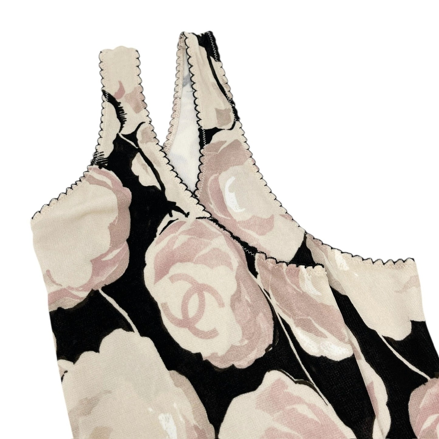 CHANEL Vintage 04A CC Camellia Logo Tank Top #38 Black Beige Pink Rayon