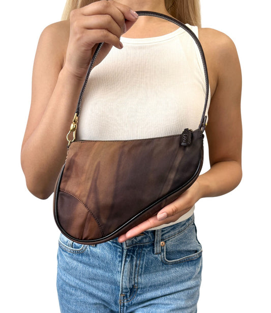 Christian Dior Vintage 2001 Saddle Nylon Shoulder Bag Pochette Brown Gold