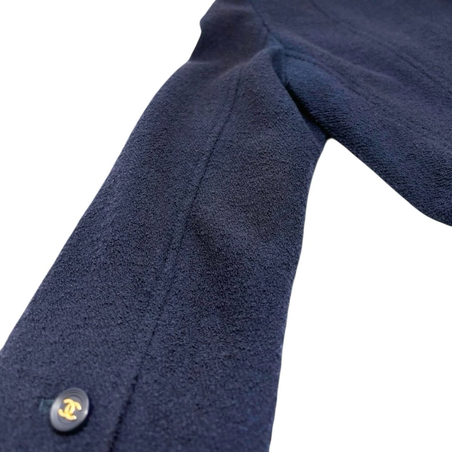 CHANEL Vintage 95A CC Logo Gold Button Collarless Jacket #36 Dark Blue Wool