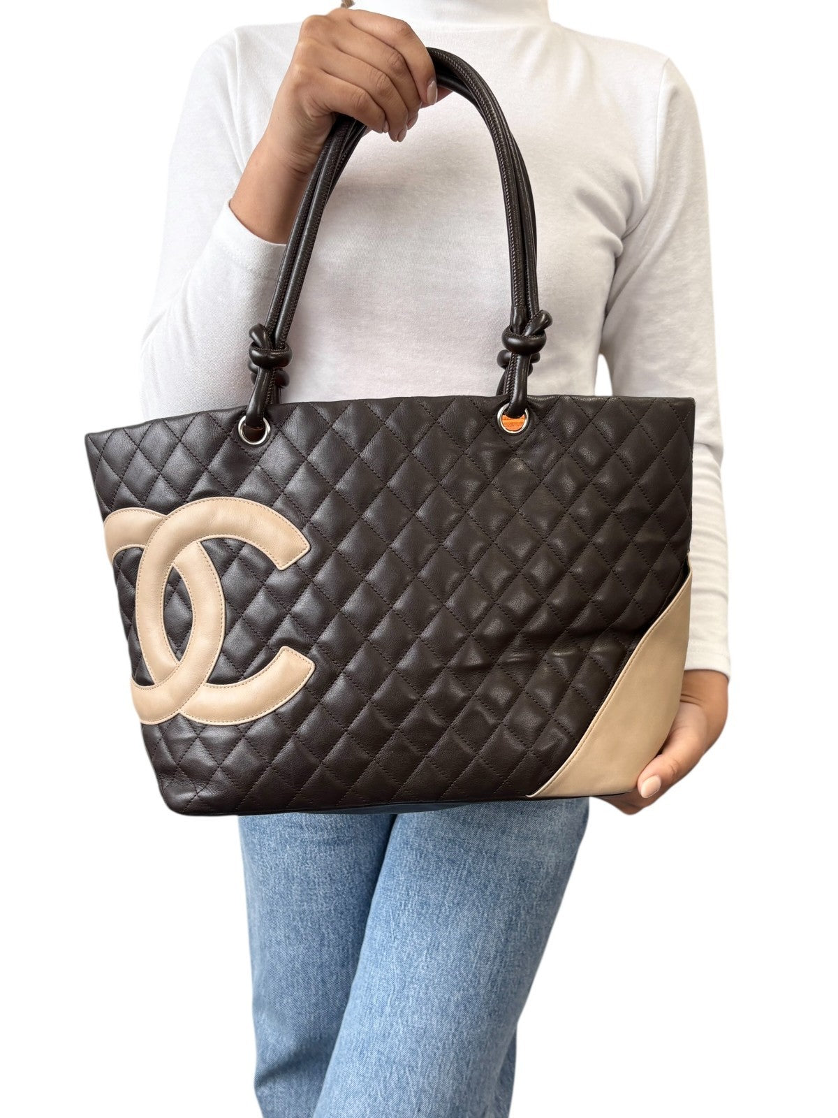 CHANEL Vintage Cambon Line CC Logo Quilted Tote Bag Brown Beige Leather