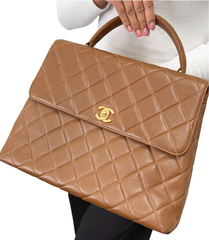 CHANEL Vintage CC Turnlock Quilted Top Handle Bag Brown Gold Leather 902334