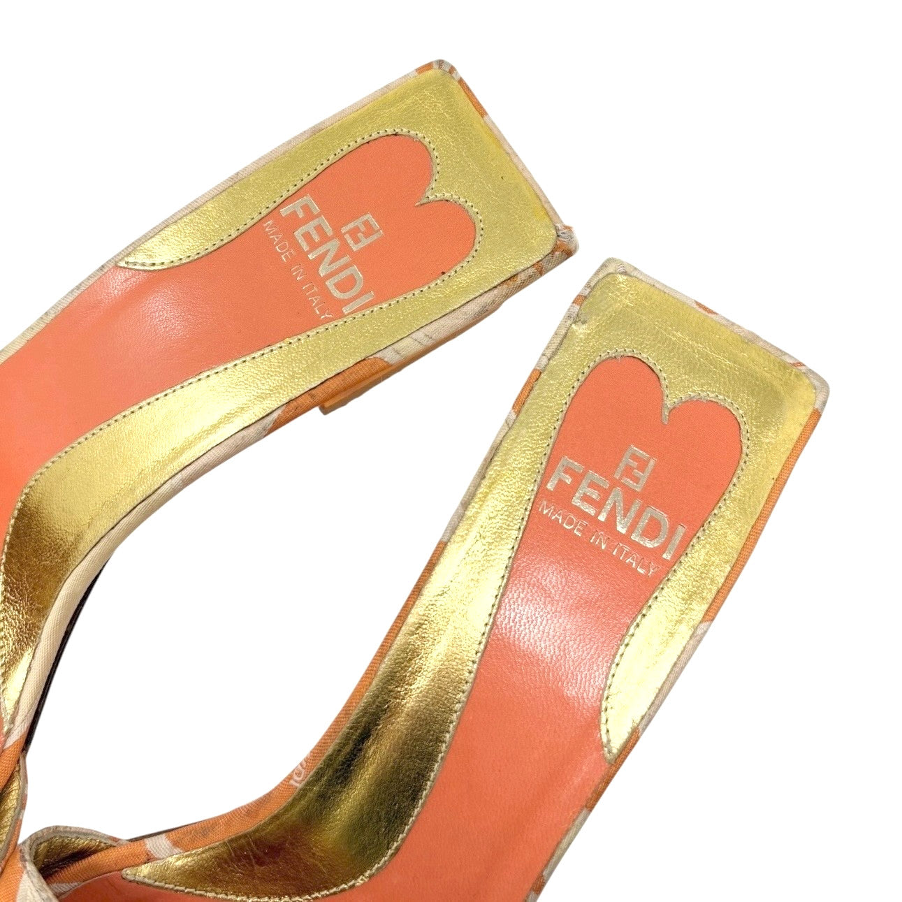 FENDI Vintage FF Logo Sandals Block Heels #36.5 Orange Gold Canvas Leather