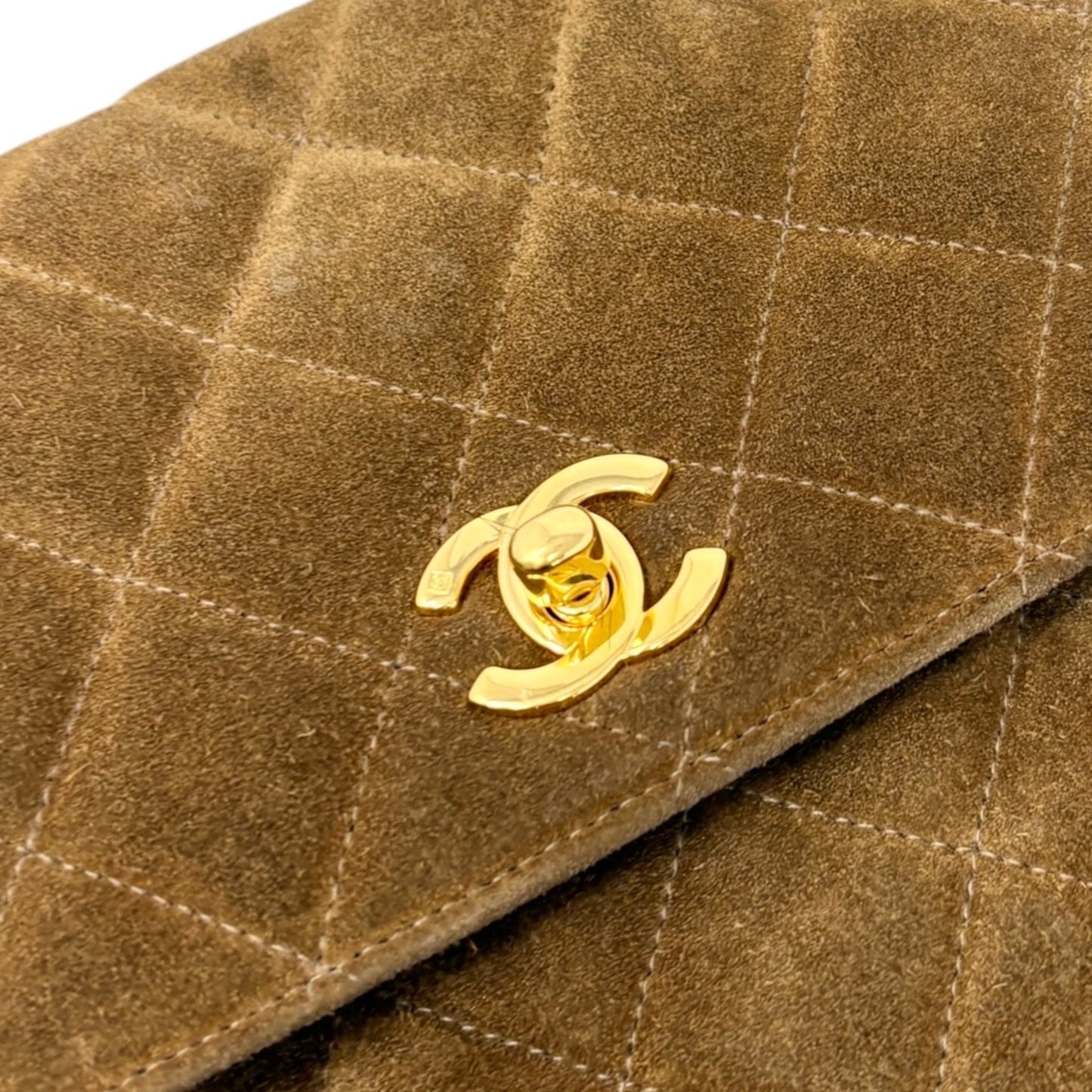 CHANEL Vintage CC Logo Turnlock Quilted Suede Flap Shoulder Bag Brown 902580