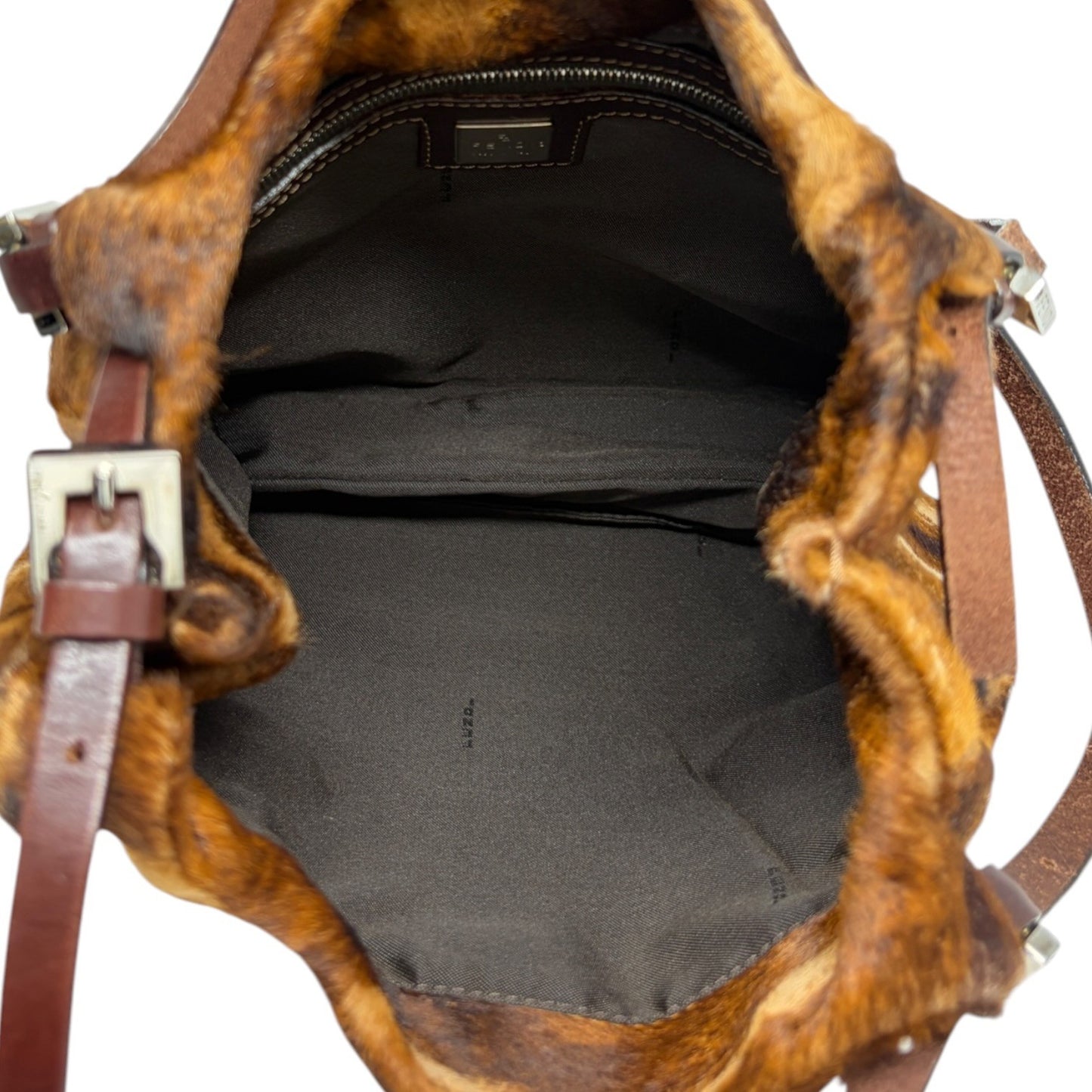 FENDI Vintage FF Pony Calf Hair Shoulder Bag Brown Beige Silver Leather 902217