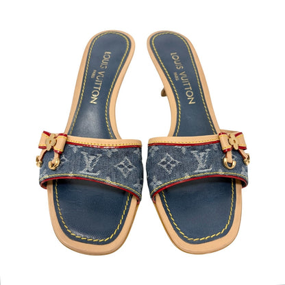 LOUIS VUITTON Vintage Monogram Denim Sandals Heels #36-36.5 Blue Beige 902374