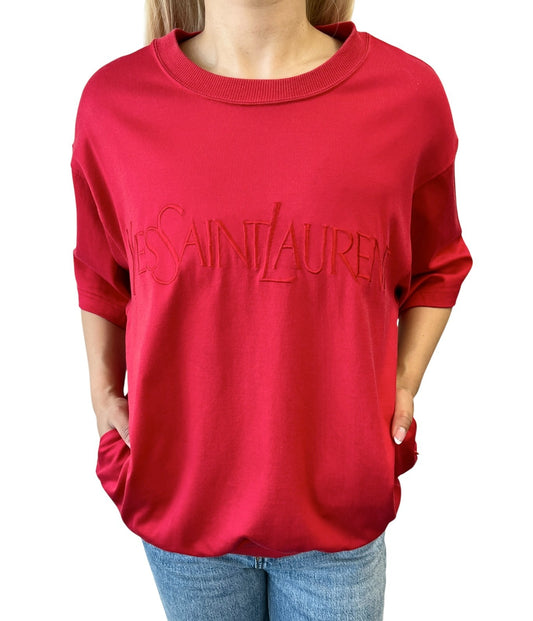Yves Saint Laurent Vintage Logo Short Sleeve Sweatshirt Top Red 902215
