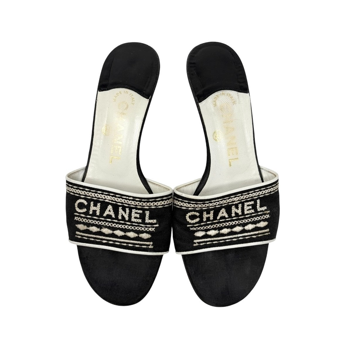 CHANEL Vintage CC Embroidery Logo Sandals Heels #36.5 Black White Canvas 902255