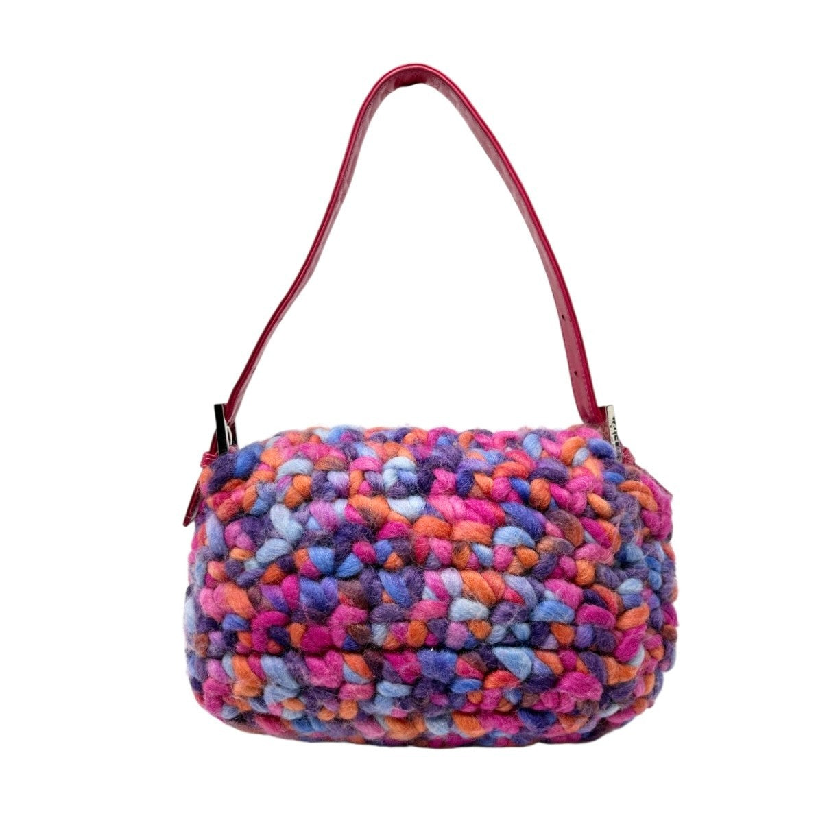 FENDI Vintage FF Logo Crochet Mamma Baguette Shoulder Bag Pink Multicolor Wool