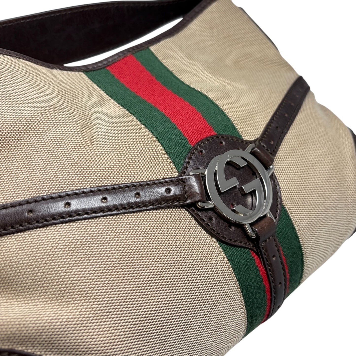GUCCI Vintage GG Logo Interlocking Web Stripe Canvas Hobo Bag Brown 902209