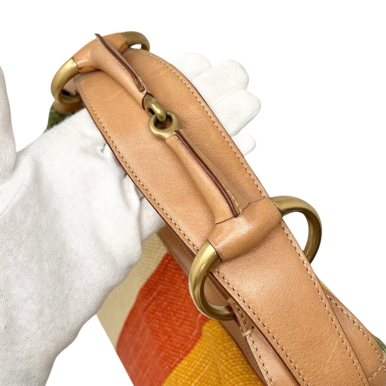 GUCCI Vintage Horsebit Multicolor Stripe Hobo Bag Zip Camel Canvas Leather