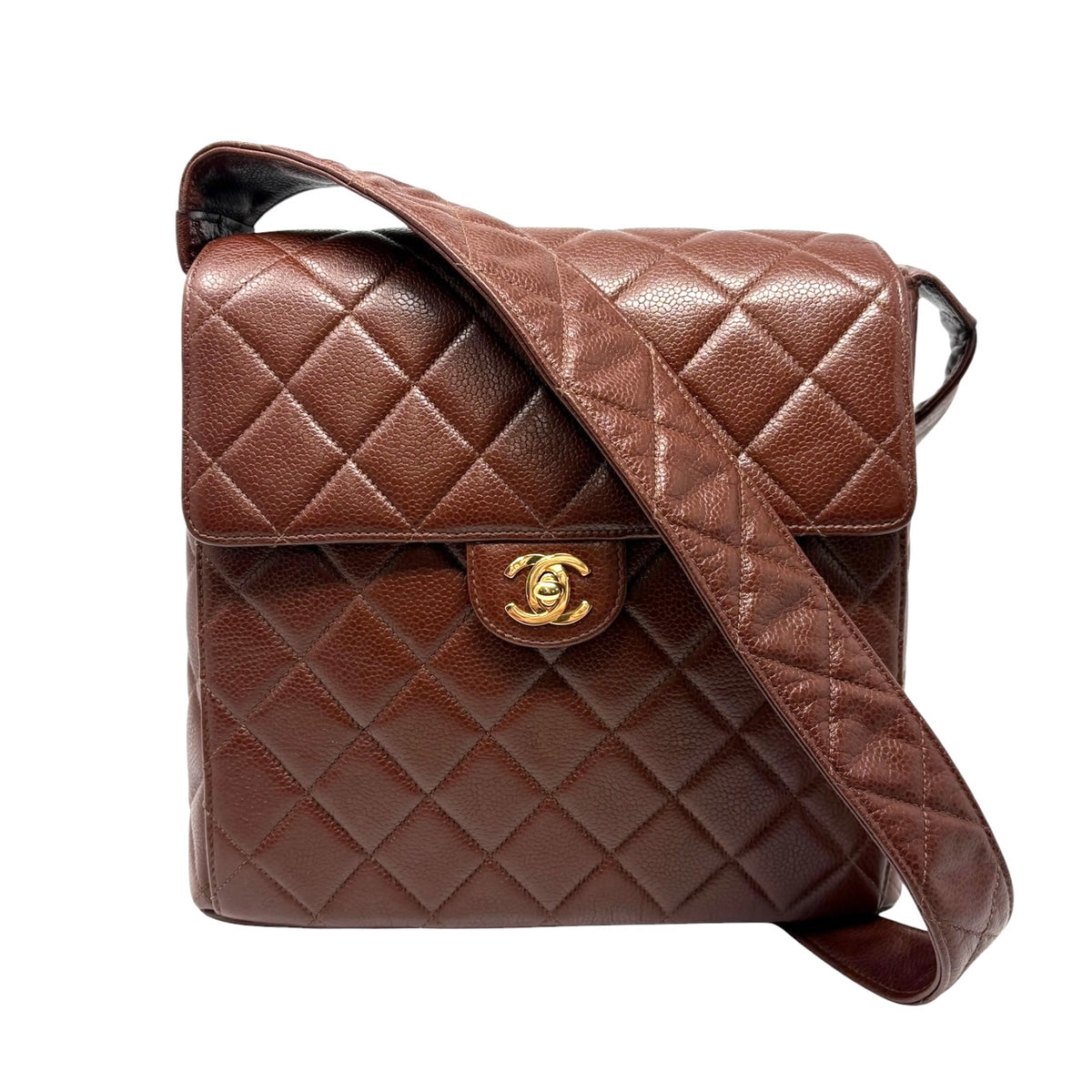 CHANEL Vintage CC Turnlock Quilted Flap Crossbody Bag Brown Gold Leather 902843