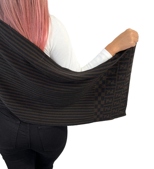 FENDI Zucca Stripe Wrap Scarf #42 Fashion Accessory Brown Black Wool RankAB