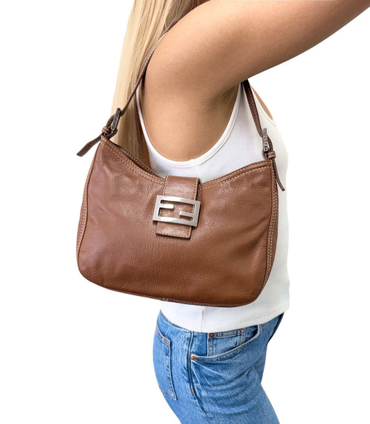 FENDI Vintage FF Logo Mamma Baguette Shoulder Bag Brown Silver Leather 902448