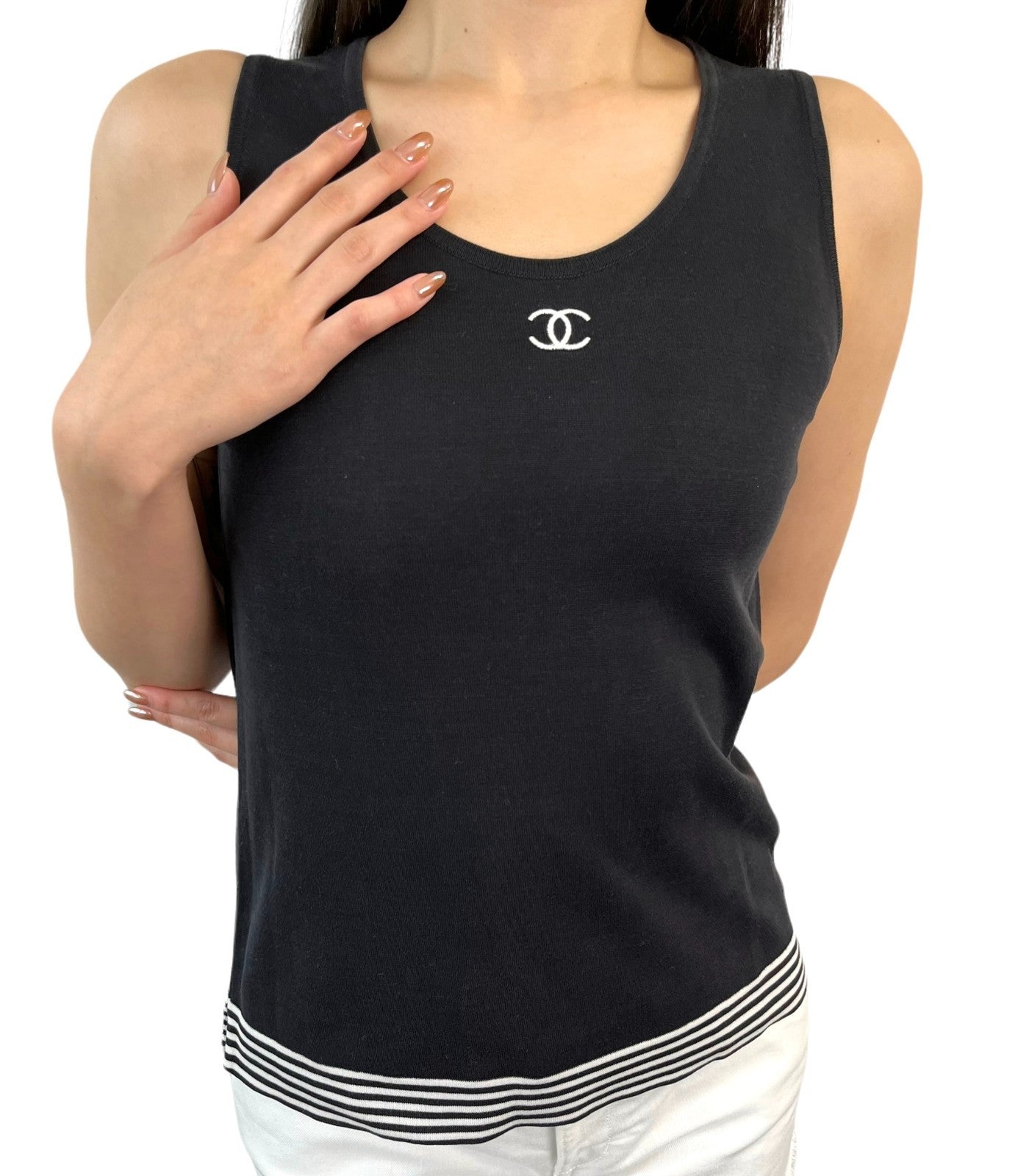 CHANEL Vintage 98P CC Mark Logo Summer Knit Tank Top #38 Black White Cotton