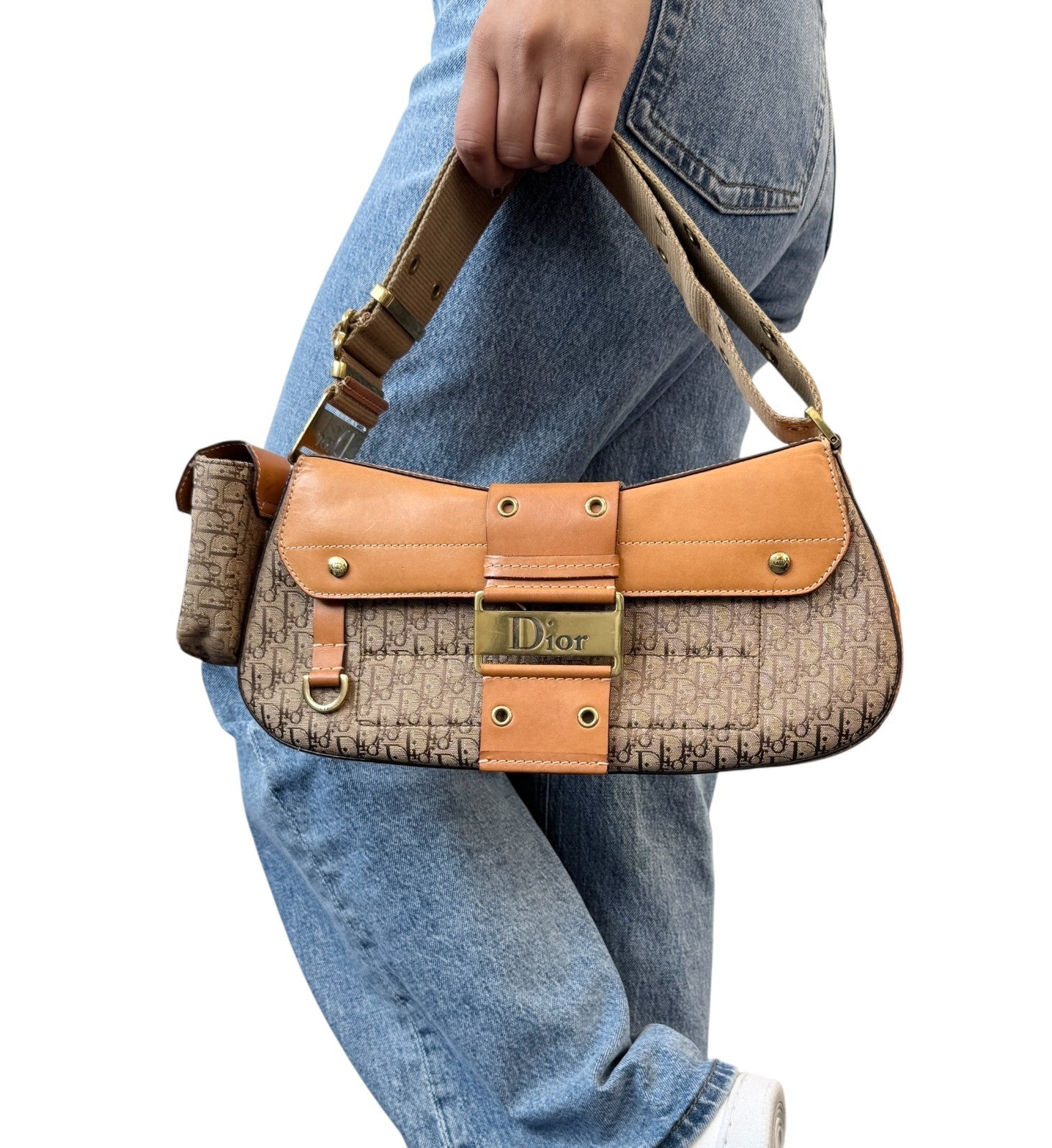 Christian Dior Vintage Trotter Monogram Street Chic Columbus Shoulder Bag Beige