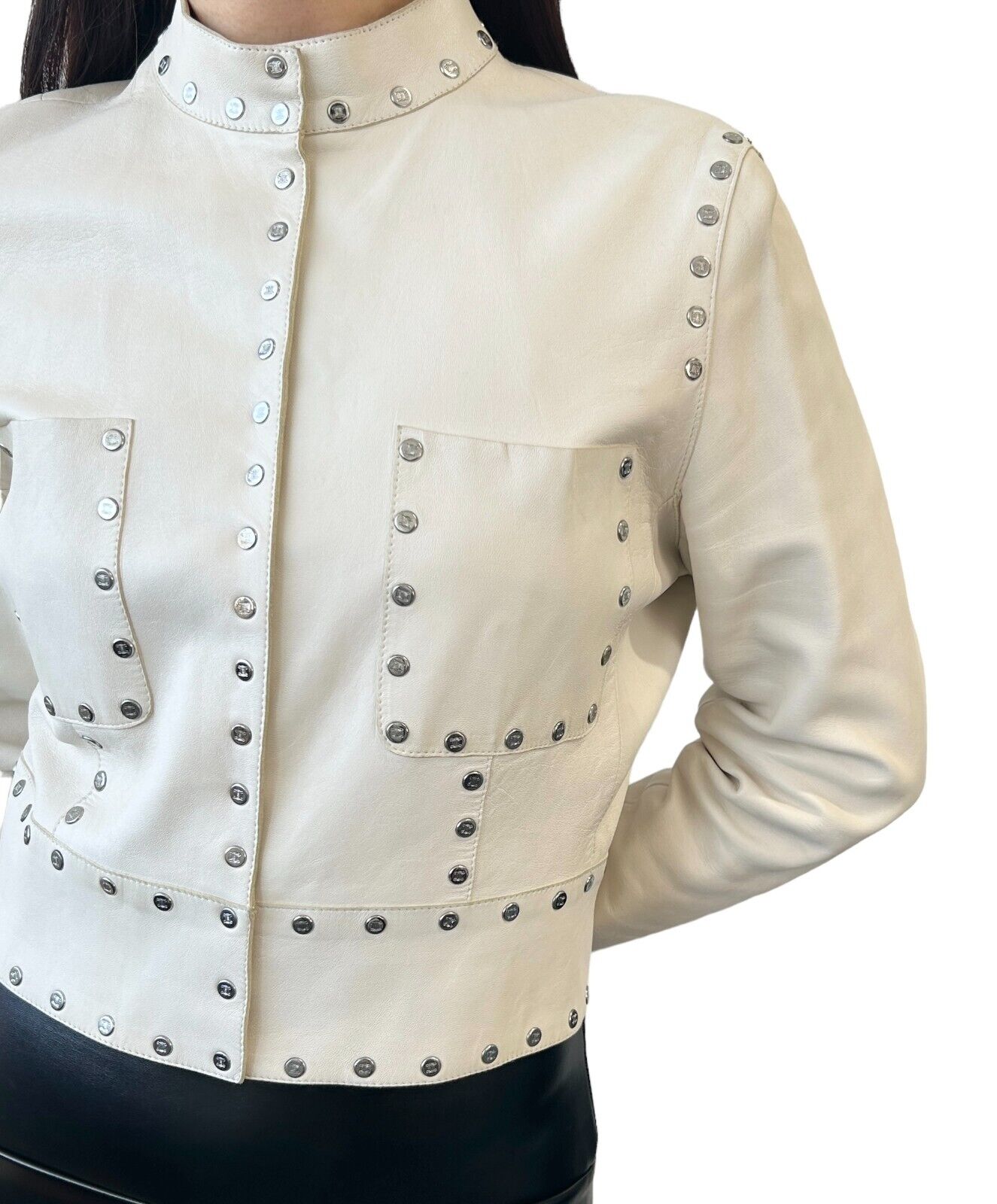 CELINE Vintage Logo Button Cropped Leather Jacket #38 Studs Cream Silver RankAB