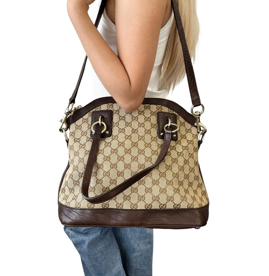 GUCCI Vintage GG Monogram Logo 2way Tote Bag Beige Brown Canvas Leather
