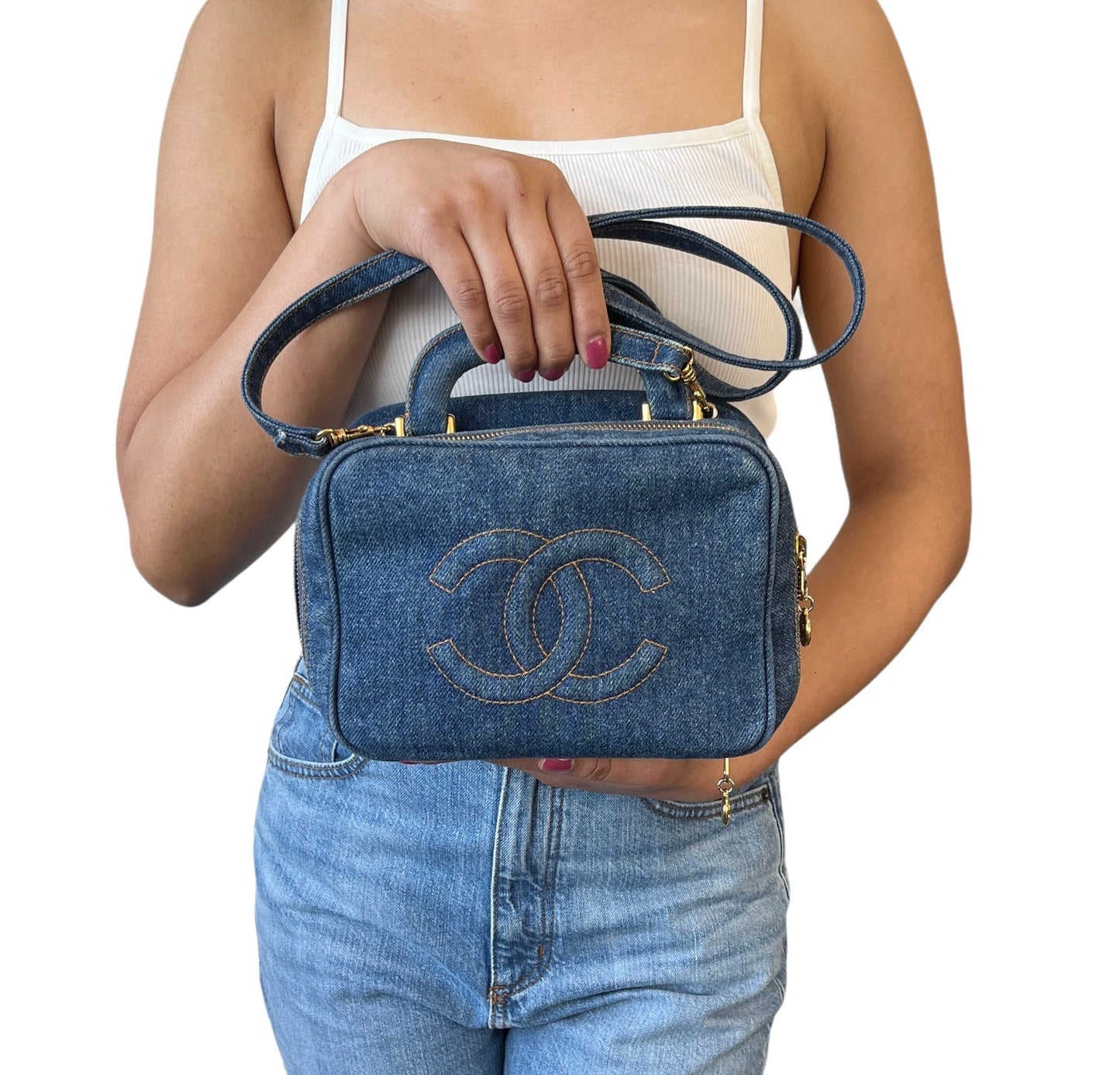 CHANEL Vintage CC Logo Denim 2way Vanity Shoulder Bag Blue Gold Handbag