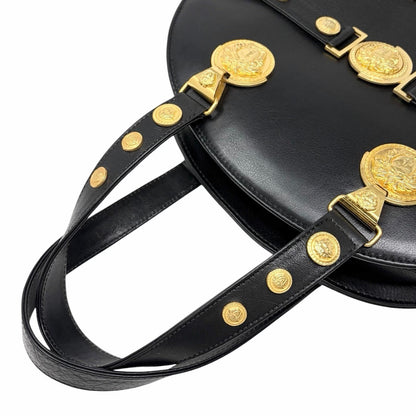 GIANNI VERSACE Vintage Medusa Logo Top Handle Bag Black Gold Leather Zip 902957