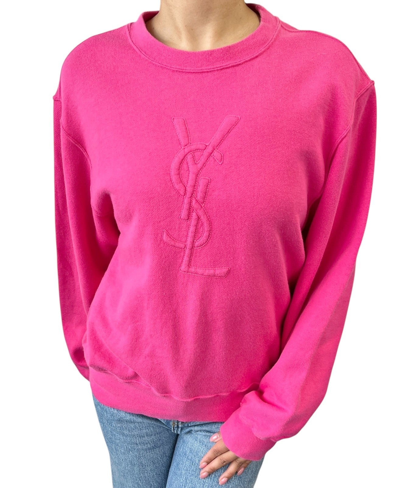 Yves Saint Laurent Vintage Embroidered YSL Logo Sweatshirt Top #M Pink