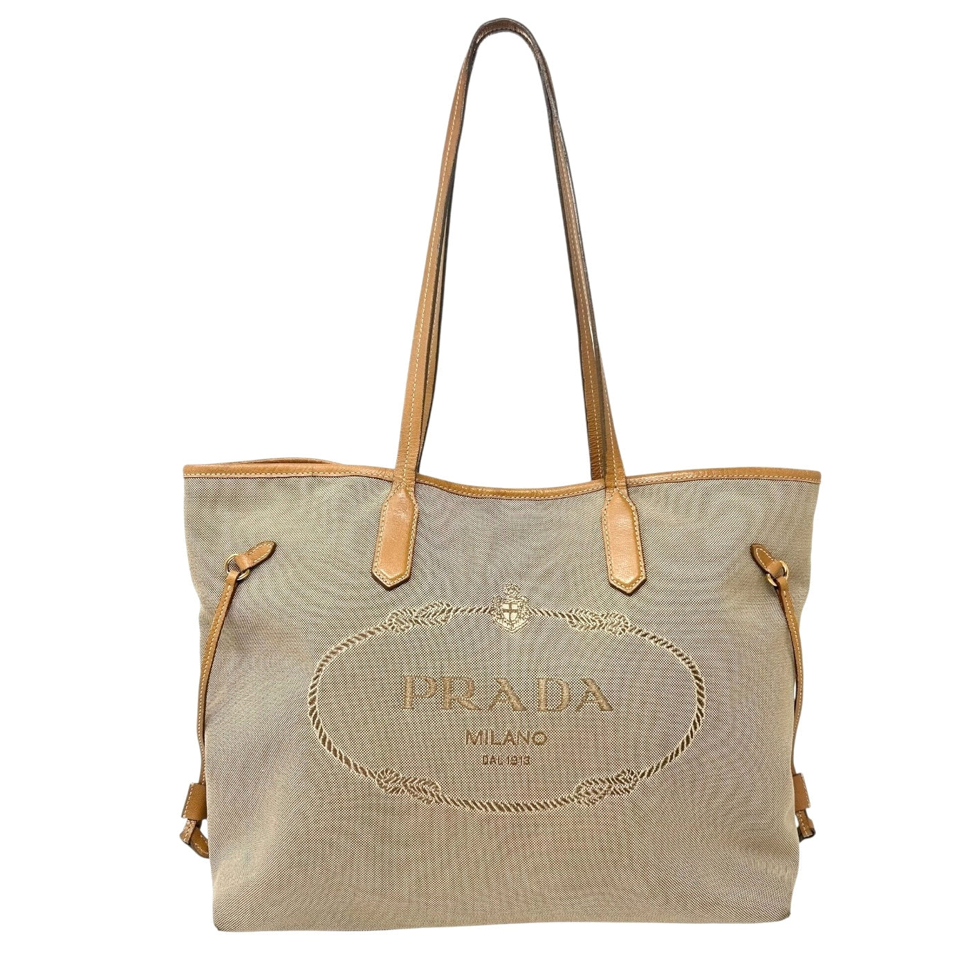 PRADA Vintage Logo Jacquard Shoulder Tote Bag Beige Brown Canvas Leather