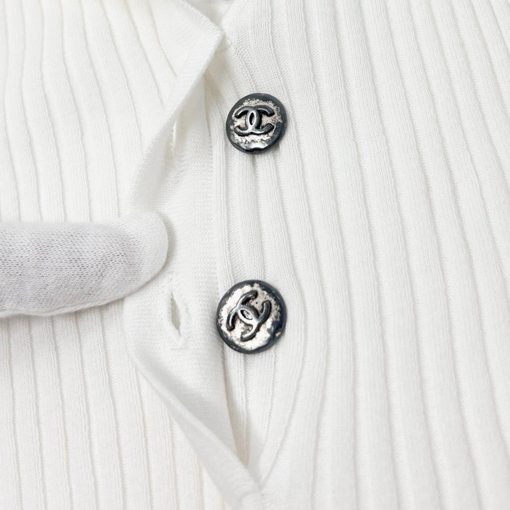 CHANEL Vintage 08P CC Mark Logo Rib Knit T-shirt Top #38 White Gray Cotton