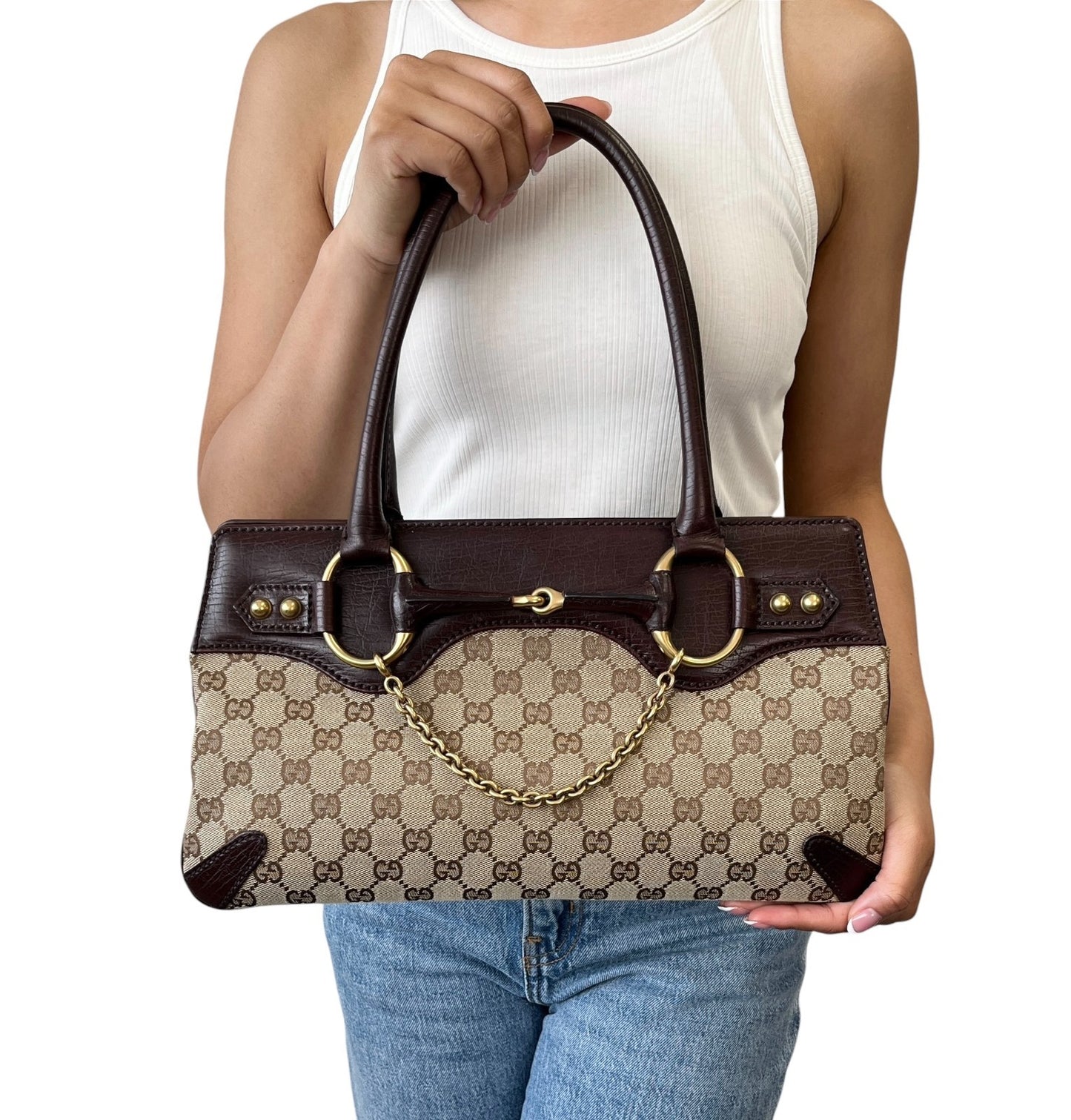 GUCCI Vintage GG Monogram Horsebit Chain Tote Bag Beige Brown Canvas 902254