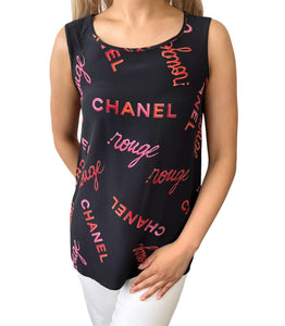 CHANEL Vintage 96P Rouge Logo Sleeveless Top #34 Button Black Silk Rank AB+