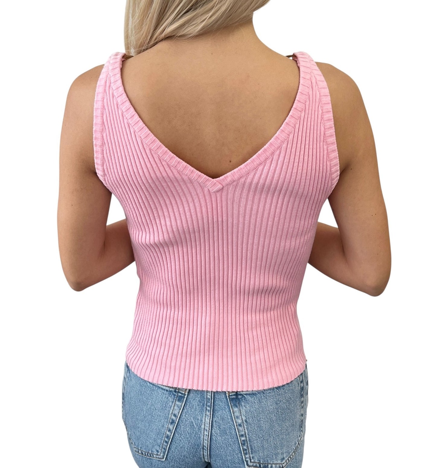 CHANEL Vintage 01C CC Logo Knit Rib Tank Top #42 Gold Rings Pink Cotton