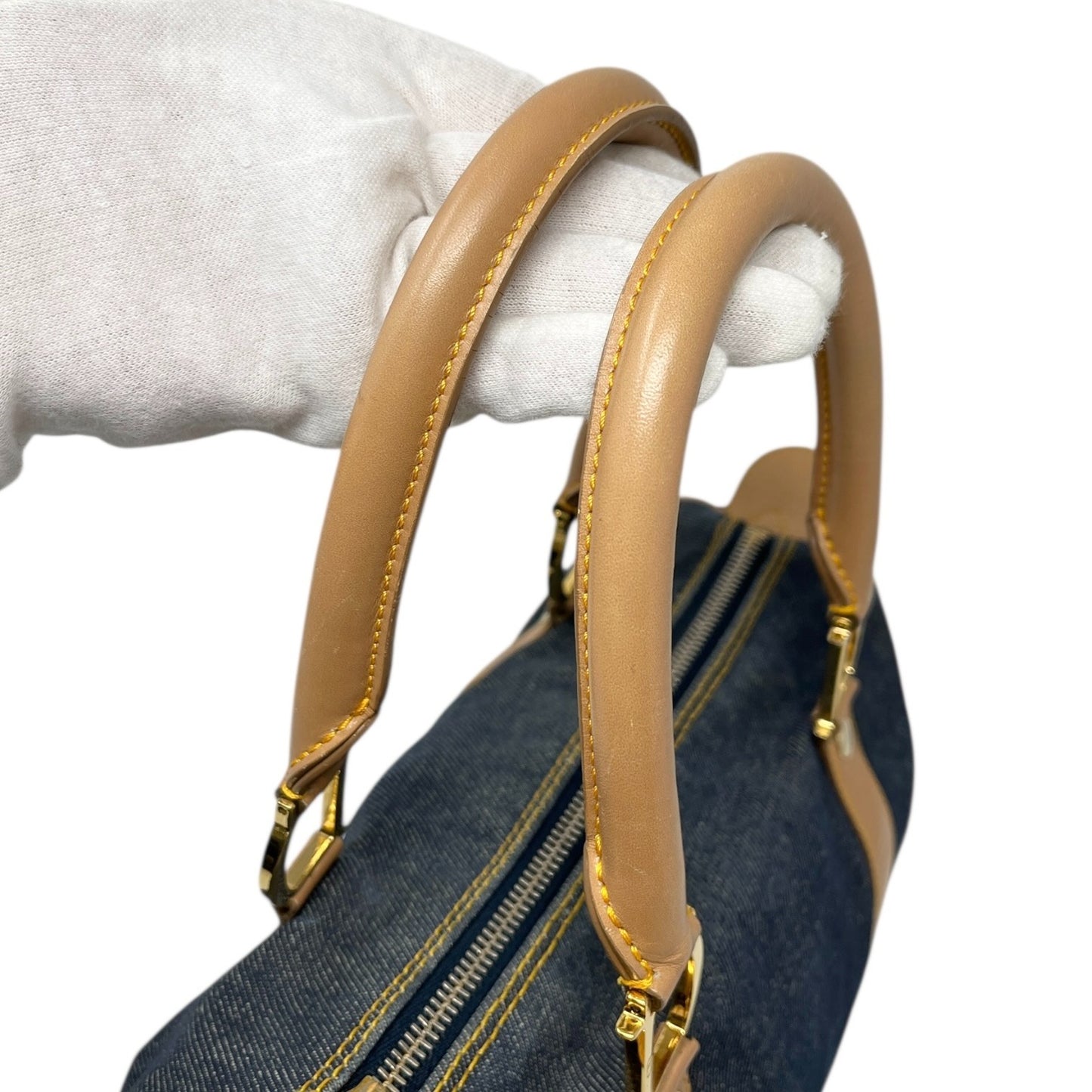 Christian Dior Vintag 2002 D Charm Denim Mini Boston Bag Blue Beige Gold