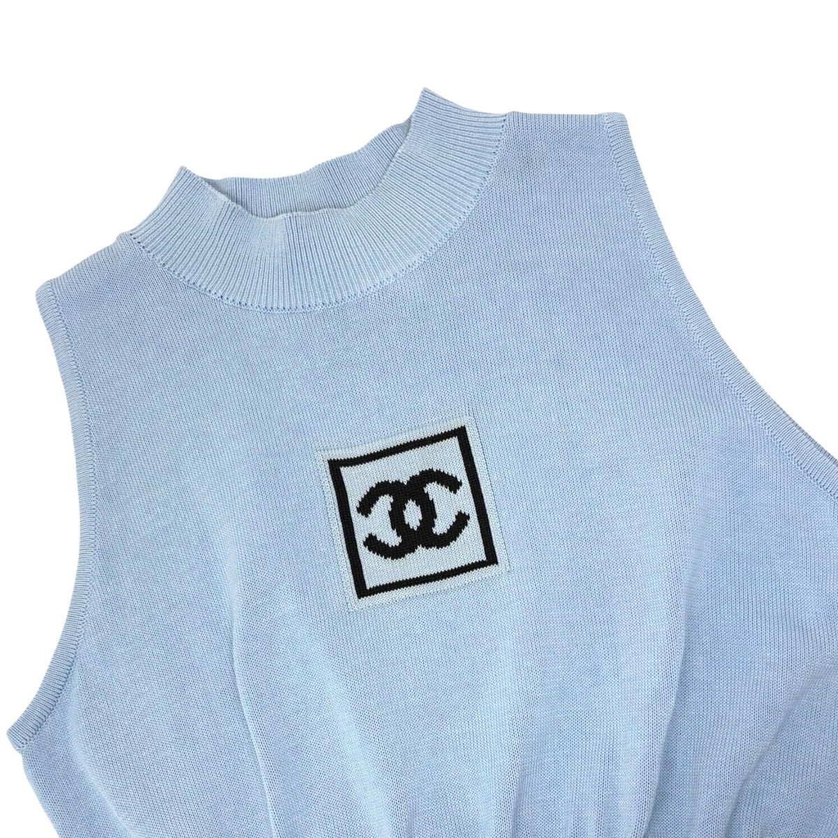 CHANEL Sport Vintage 03A CC Mock Neck Cropped Knit Tank Top #38 Blue 902897