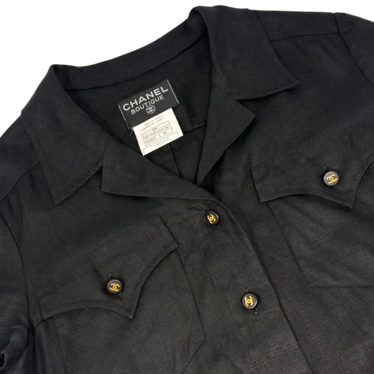 CHANEL Vintage 97P CC Logo Button Linen Shirt Dress One-piece #36 Black 902560