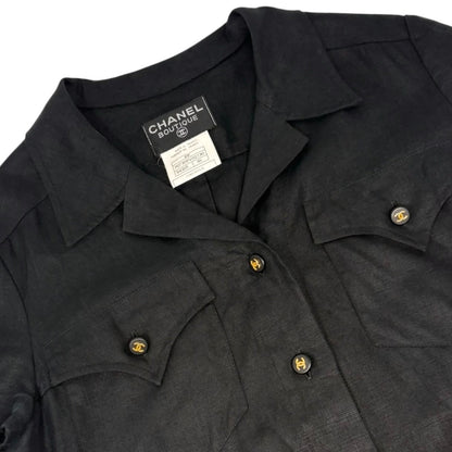CHANEL Vintage 97P CC Logo Button Linen Shirt Dress One-piece #36 Black 902560