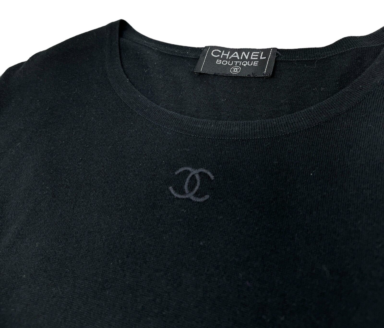 CHANEL Vintage 95C CC Long Sleeve Knit Top #38 Pullover Black Cotton RankAB