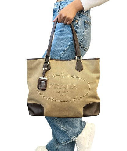 PRADA Vintage Jacquard Logo Tote Bag Brown Silver Canvas Leather 902047
