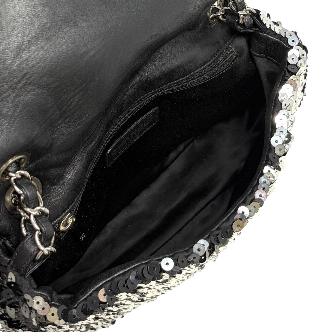 CHANEL Vintage CC Logo Sequins Chain Shoulder Bag Black Silver Leather 902259