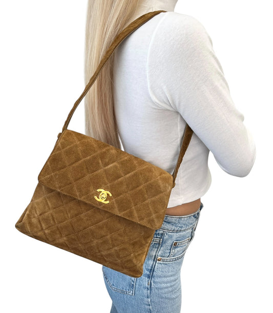 CHANEL Vintage CC Logo Turnlock Quilted Suede Flap Shoulder Bag Brown