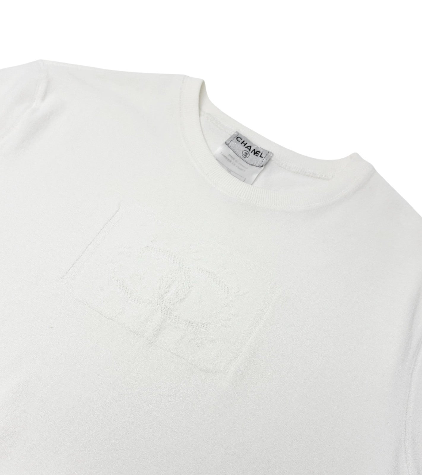 CHANEL Vintage 04C CC Logo Knit T-shirt Top #46 White Cotton See-through Mesh