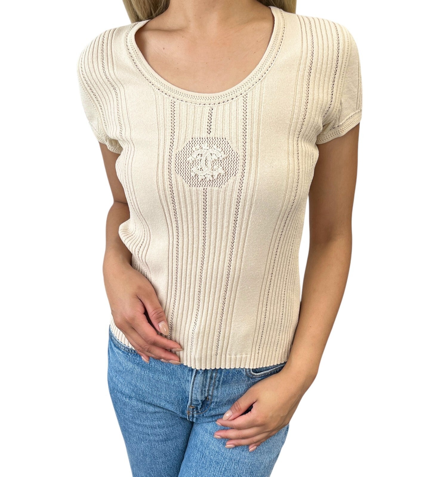 CHANEL Vintage 03P CC Mark Logo Knit T-shirt Top #36 Beige Cotton Polyester
