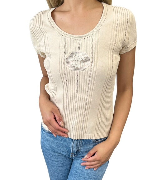 CHANEL Vintage 03P CC Mark Logo Knit T-shirt Top #36 Beige Cotton Polyester