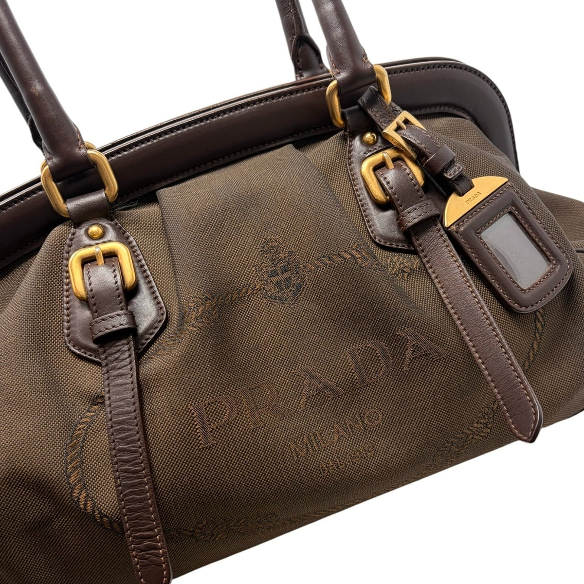 PRADA Vintage Milano Jacquard Shoulder Boston Bag Brown Gold 902455