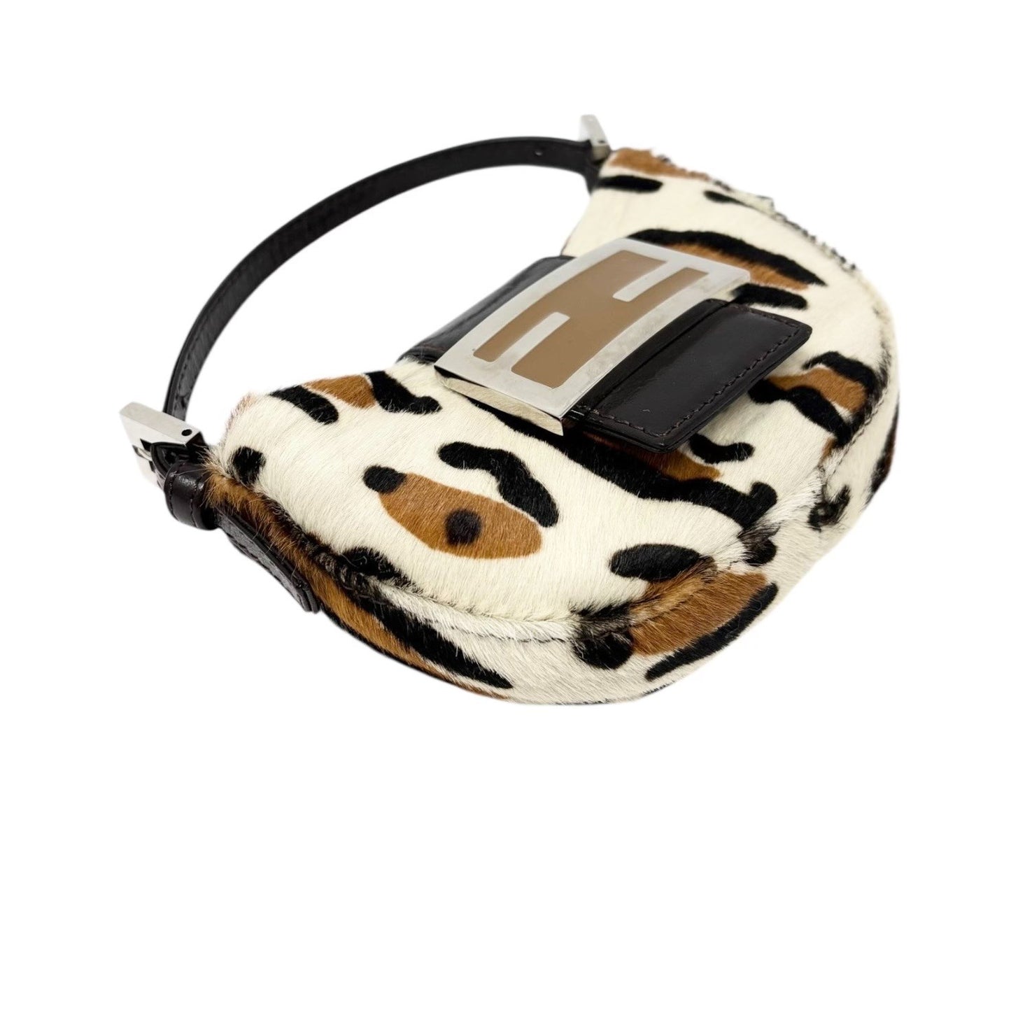 FENDI Vintage Logo Leopard Pony Calf Hair Micro Croissant Handbag Bag White