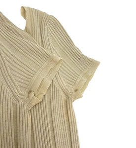 CHANEL Vintage 07P CC Rib Knit Top #38 Cotton Beige Button Short Sleeve RankAB