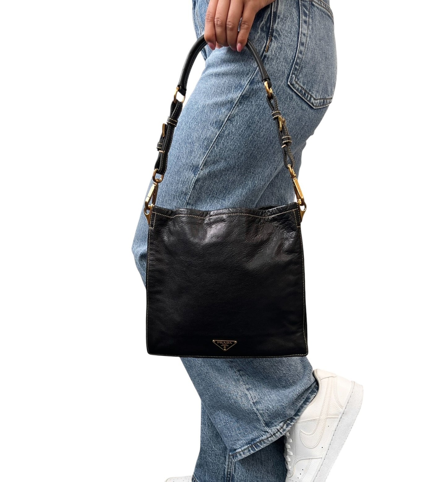 PRADA Vintage Logo Shoulder Bag Square Stitch Magnetic Black Gold Leather