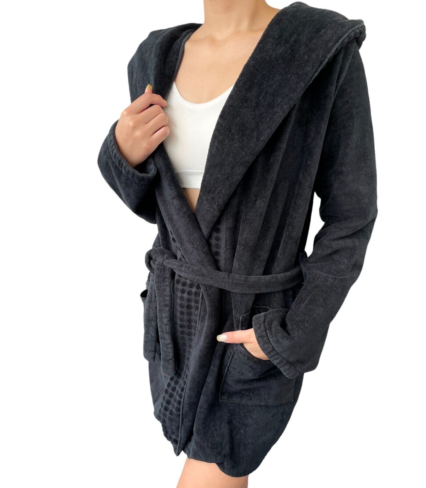 CHANEL Sport Vintage 09P CC Mark Logo Bathrobe #36 Terry Cloth Black Cotton