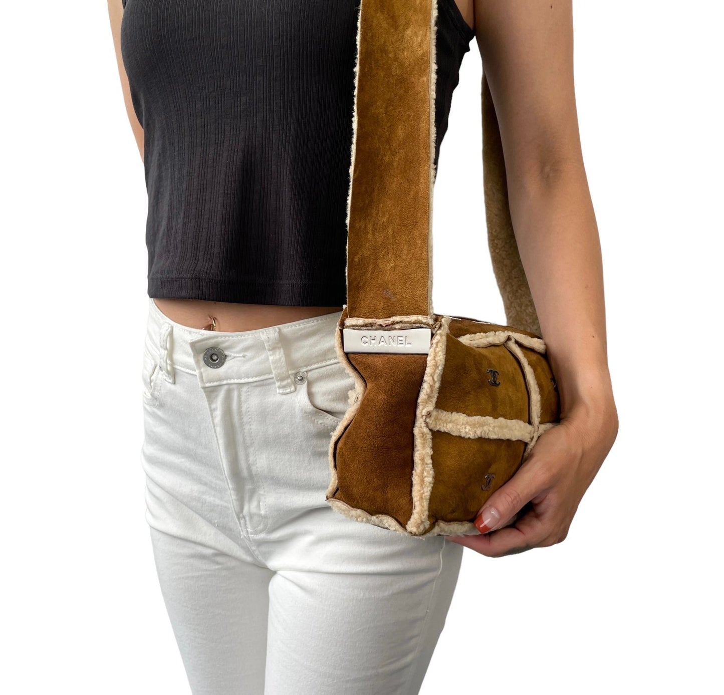 CHANEL Vintage CC Logo Shearling Crossbody Bag Brown Cream Mouton Suede Boa