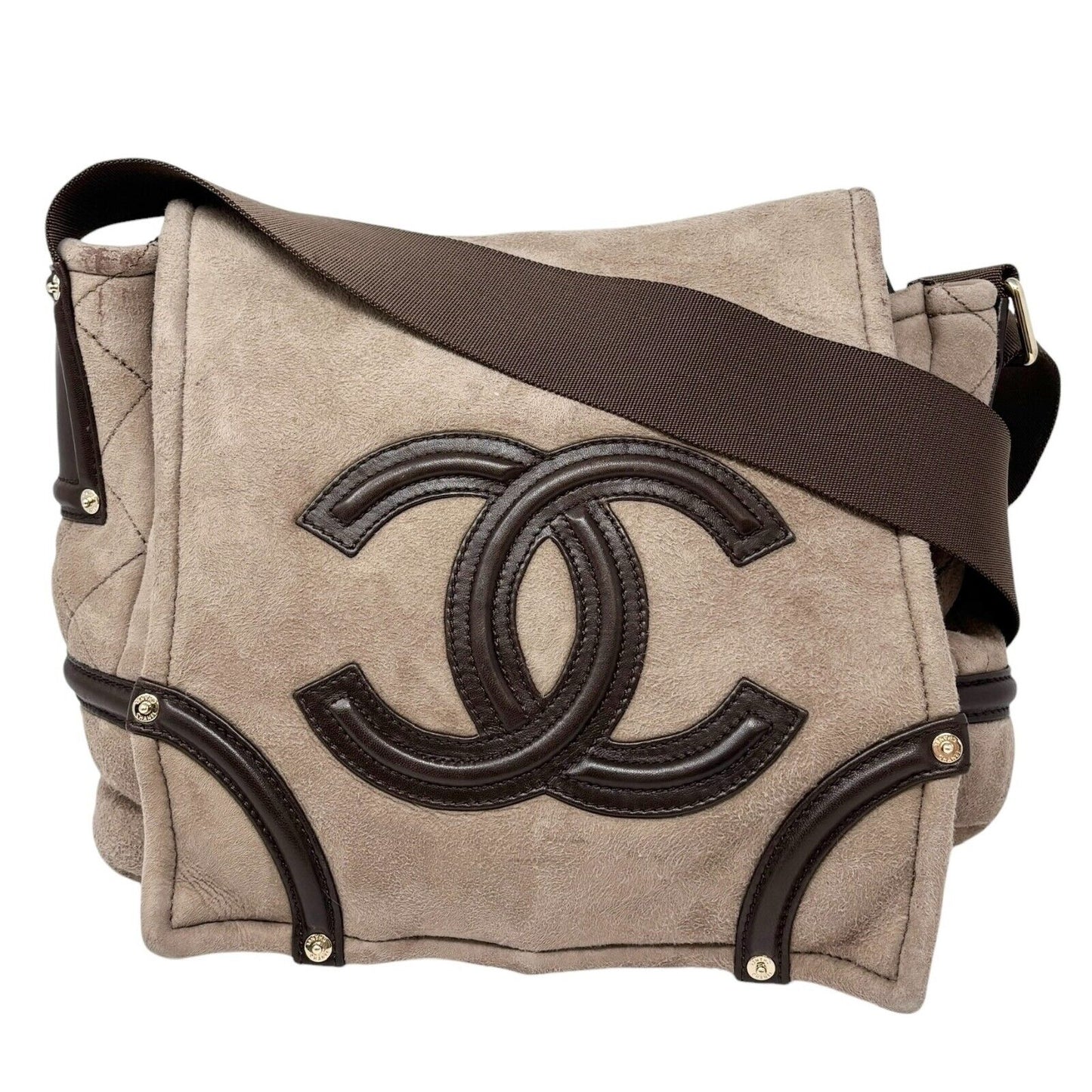 CHANEL Vintage 2006 CC Logo Mouton Crossbody Bag Shoulder Bag Greige Leather